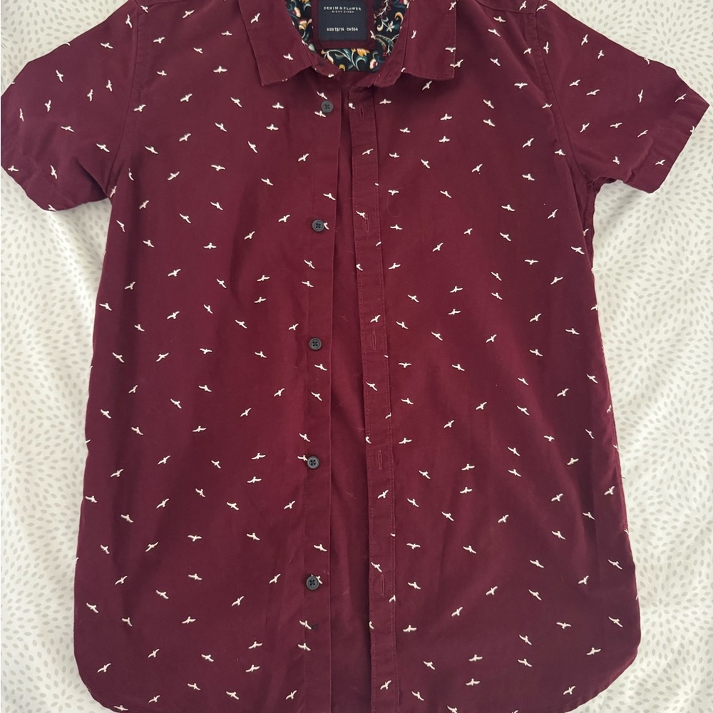 Denim & Flower Maroon Shirt with Bird Pattern